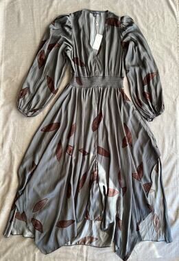 Grade & Gather Women L Abstract Leaf Asymmetrical Maxi Dress Balloon Sleeve
